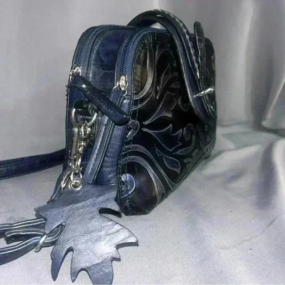 Madi Claire Abigale Tooled Leather Crossbody Handbag Black Ink Purple Embossed - Picture 2 of 7